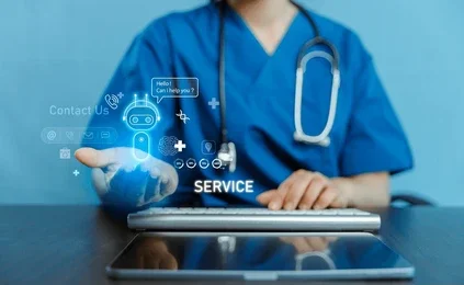 A clinician at a tablet surrounded by digital service and support icons